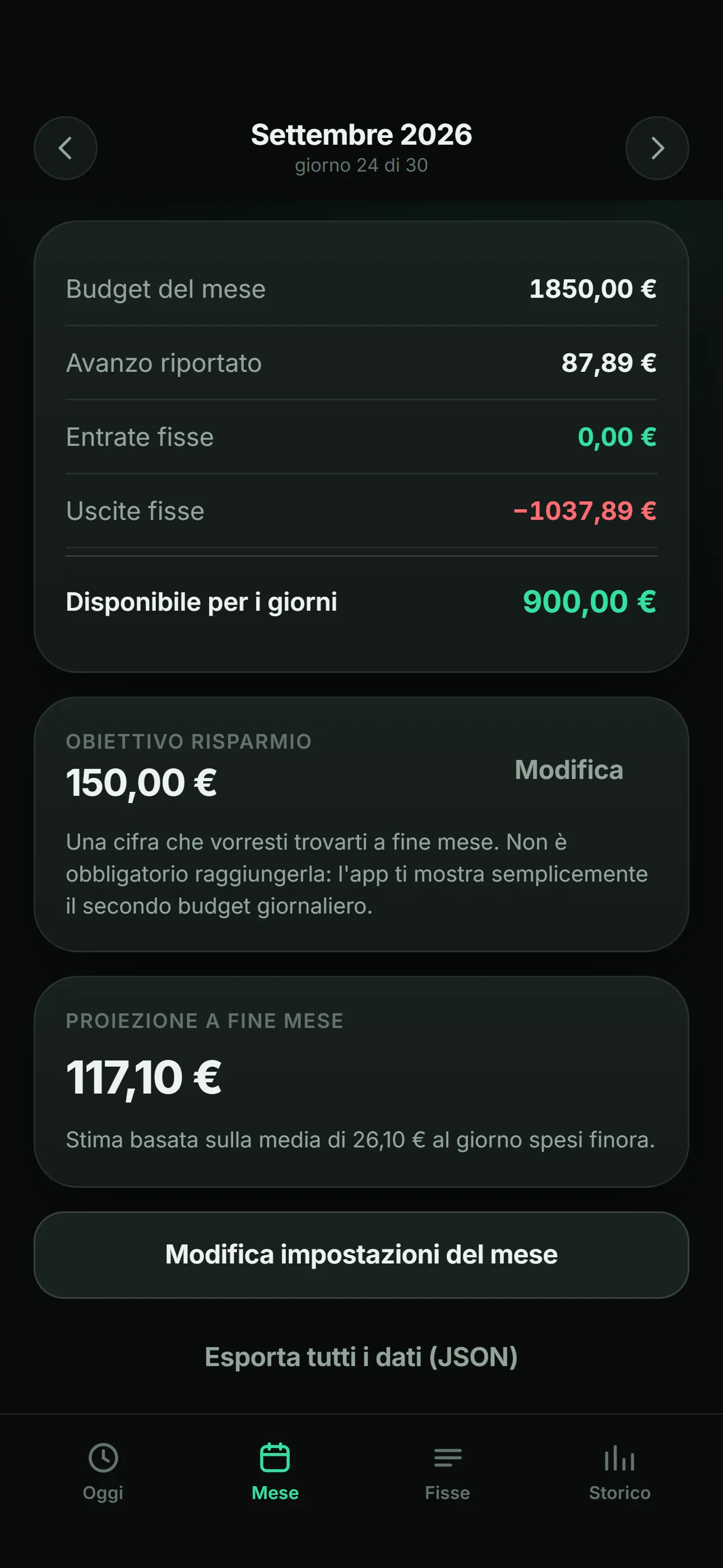 Daily Budget: Da dove arriva il budget del mese: stipendio, avanzo, spese fisse e obiettivo.