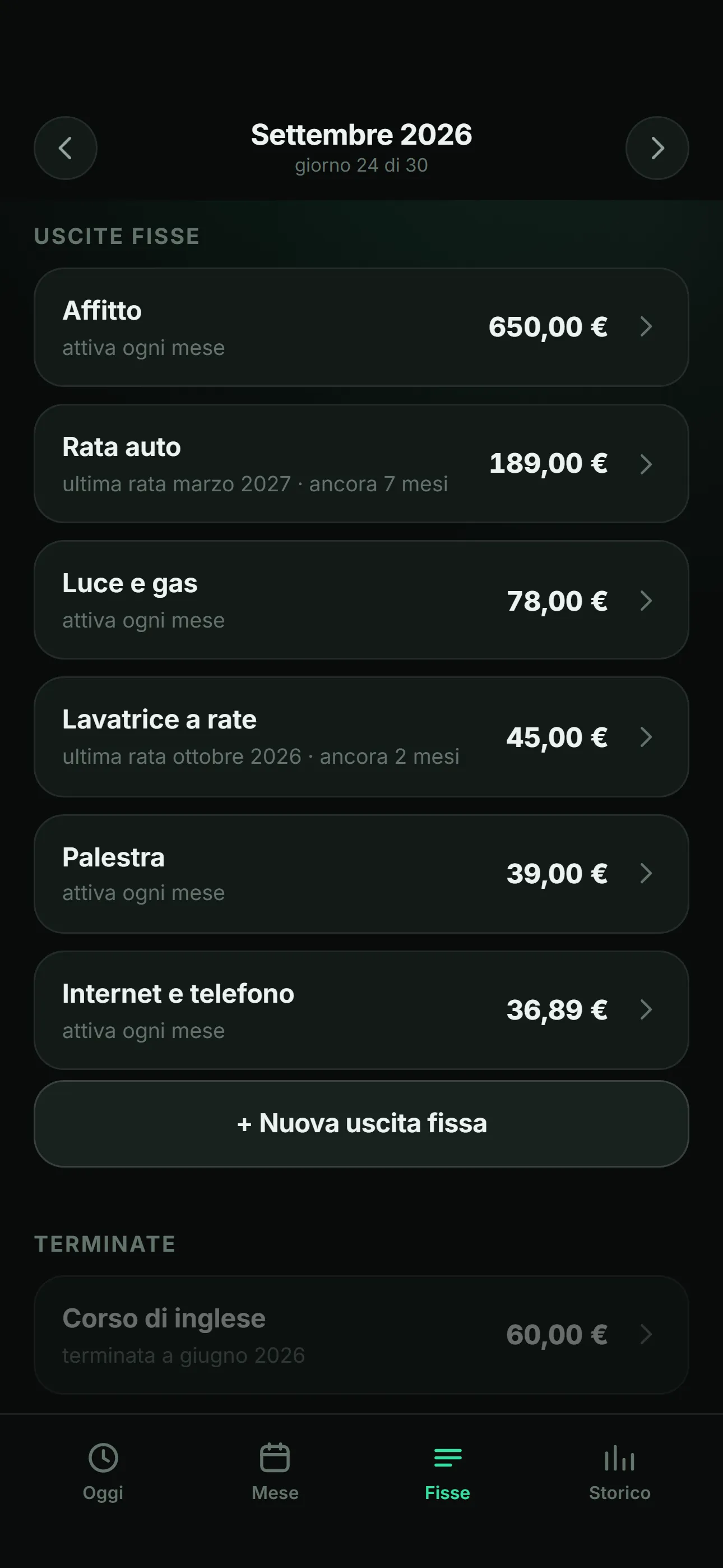 Daily Budget: Le spese fisse, con le rate che mancano e le voci già terminate.